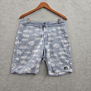 RVCA Men Shorts 30 Blue Swimwear Graphic Fish Skeletons Board Shorts Button 9"
